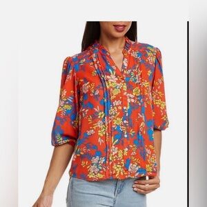 Nanette Lepore Red Floral Blouse with Blue and Yellow Accents